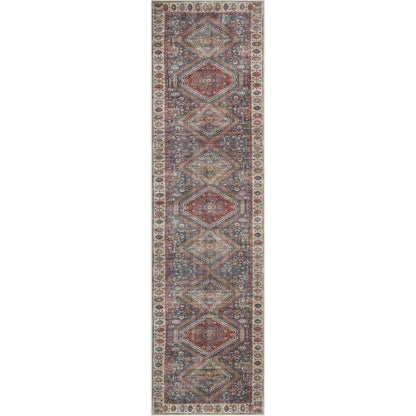 Ripon Machine Washable Vintage Medallion Botanical Border Blue Red Flat-Weave Distressed Rug