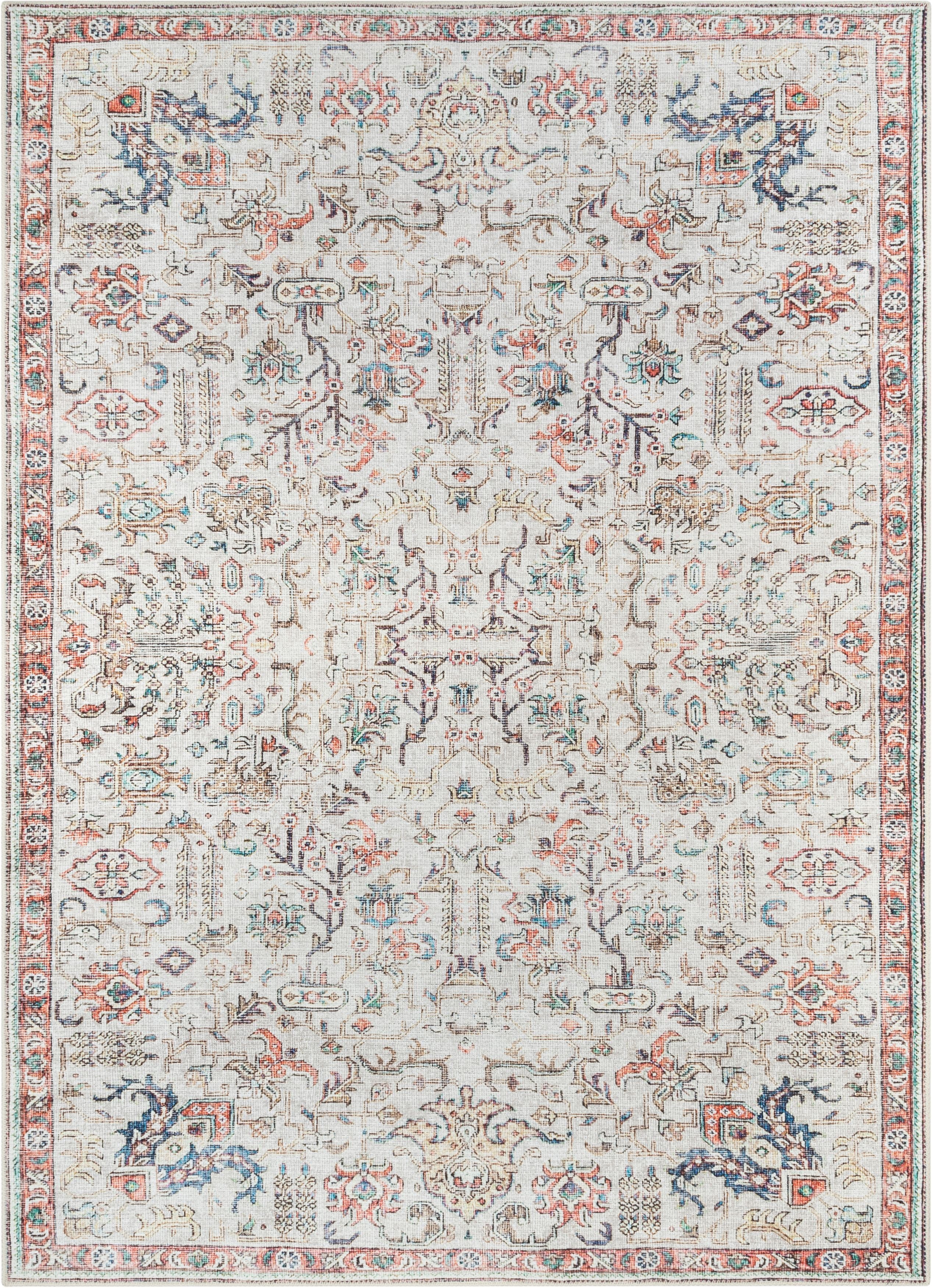 Pomona Machine Washable Vintage Medallion Botanical Border Ivory Flat-Weave Distressed Rug