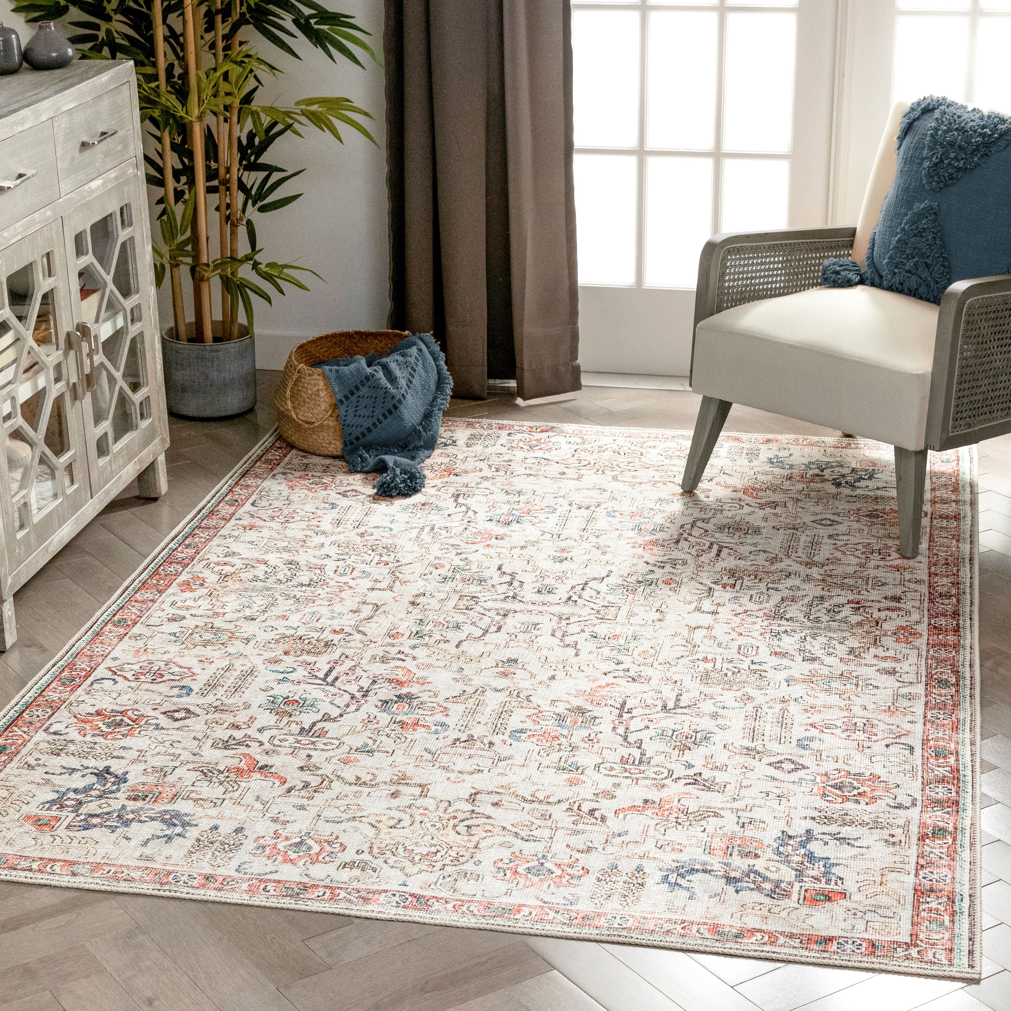 Pomona Machine Washable Vintage Medallion Botanical Border Ivory Flat-Weave Distressed Rug