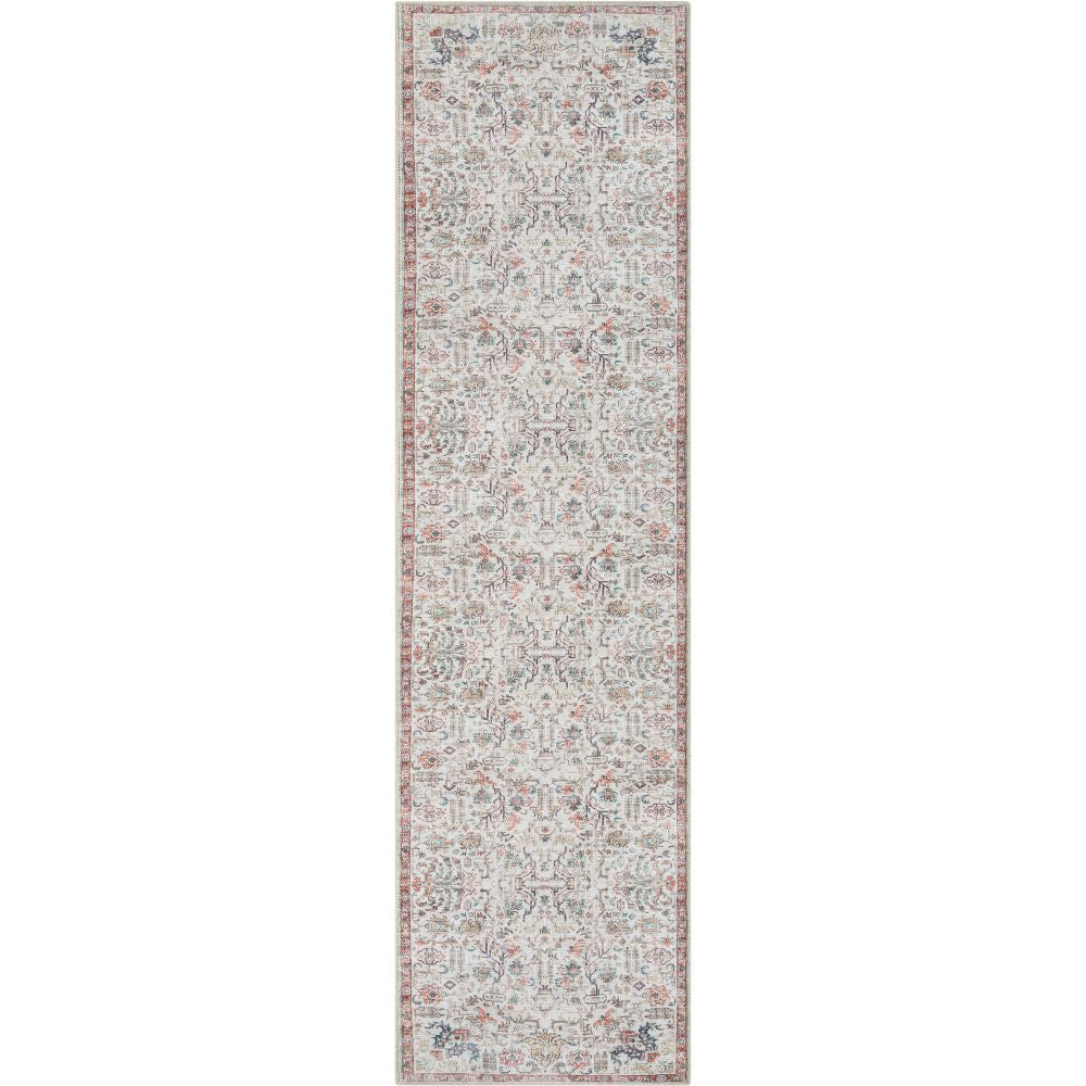 Pomona Machine Washable Vintage Medallion Botanical Border Ivory Flat-Weave Distressed Rug