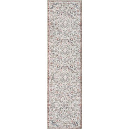 Pomona Machine Washable Vintage Medallion Botanical Border Ivory Flat-Weave Distressed Rug