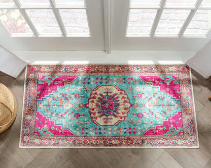 Shasta Machine Washable Vintage Bohemian Medallion Persian Blush Turquoise Flat-Weave Distressed Rug