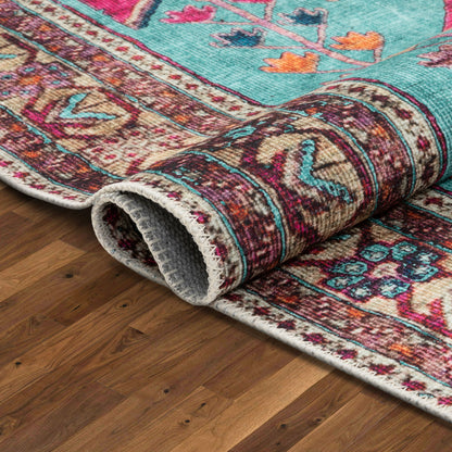 Shasta Machine Washable Vintage Bohemian Medallion Persian Blush Turquoise Flat-Weave Distressed Rug