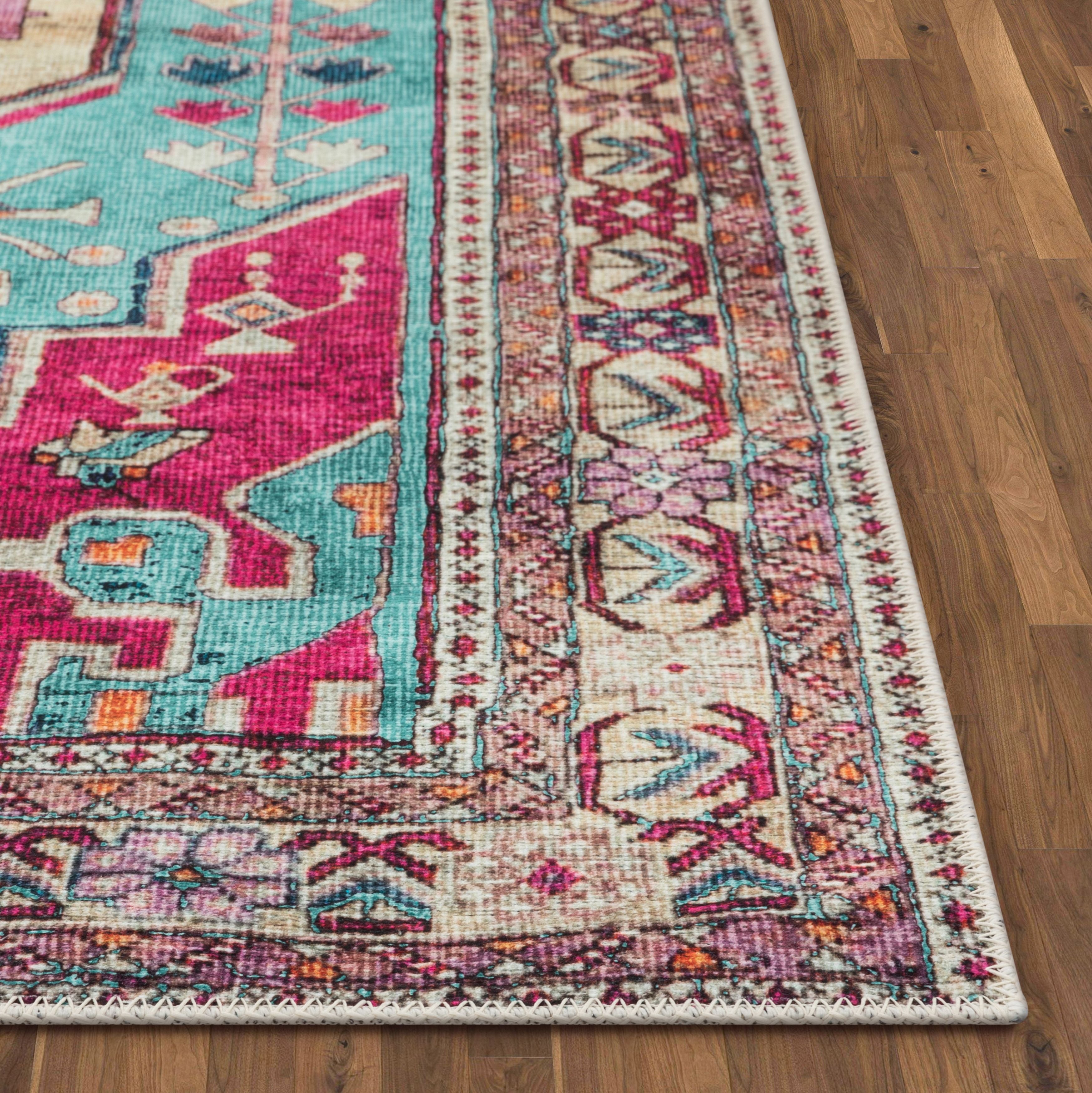 Shasta Machine Washable Vintage Bohemian Medallion Persian Blush Turquoise Flat-Weave Distressed Rug