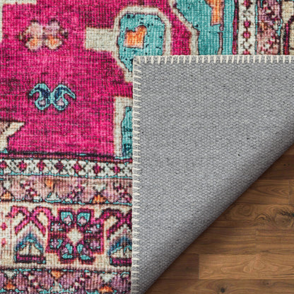 Shasta Machine Washable Vintage Bohemian Medallion Persian Blush Turquoise Flat-Weave Distressed Rug