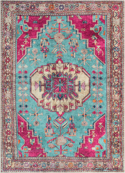 Shasta Machine Washable Vintage Bohemian Medallion Persian Blush Turquoise Flat-Weave Distressed Rug