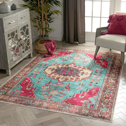 Shasta Machine Washable Vintage Bohemian Medallion Persian Blush Turquoise Flat-Weave Distressed Rug