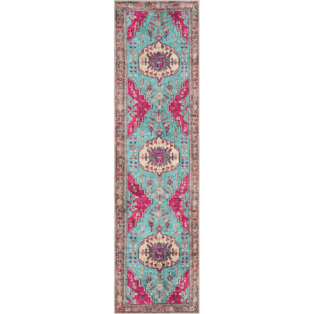 Shasta Machine Washable Vintage Bohemian Medallion Persian Blush Turquoise Flat-Weave Distressed Rug