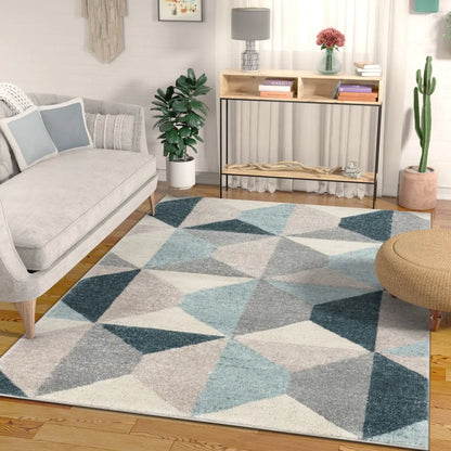Zeke Blue Mid-Century Modern Geometric Rug Well Woven