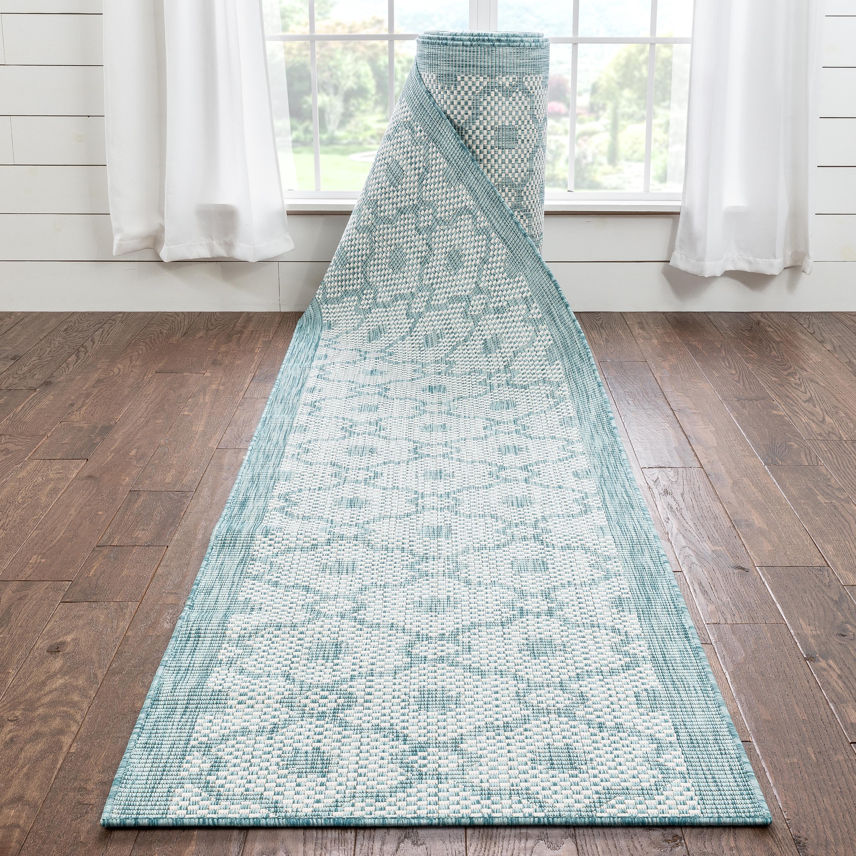 Custom Size Runner Sol Nordic Geometric Pattern Light Blue 31 Inches Width x Choose Your Length Hallway Indoor/Outdoor Runner Rug