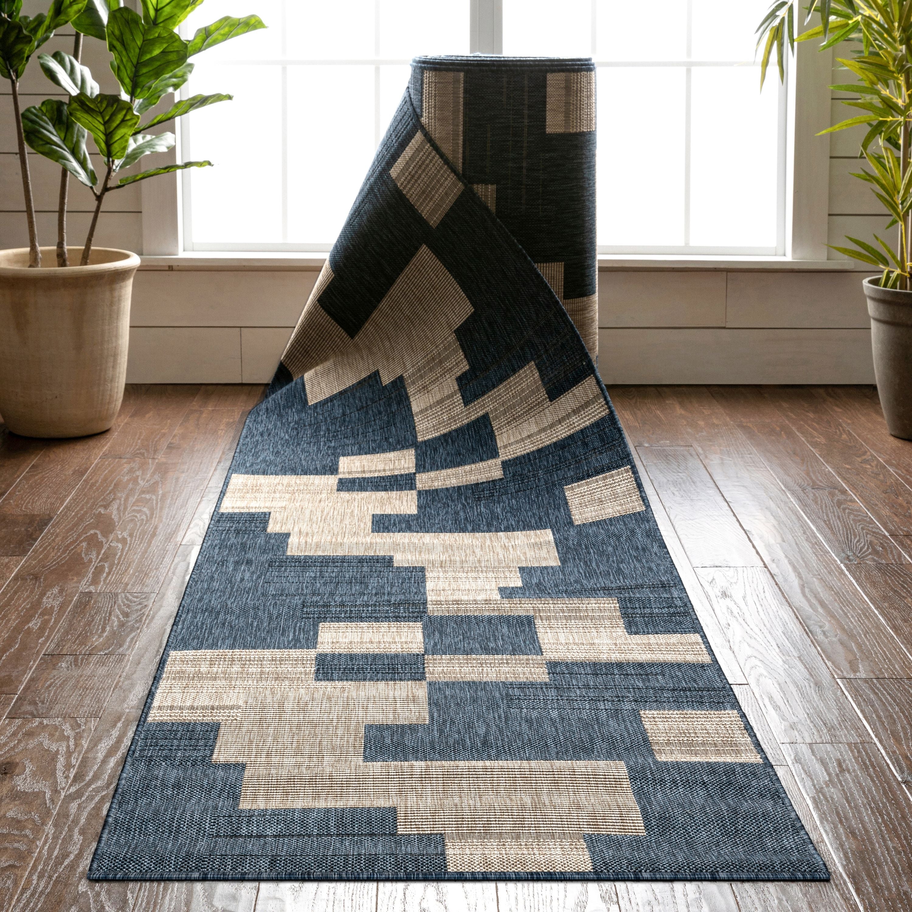 Thor Custom Size Indoor/Outdoor Runner Geometric Blue 31 Inch Width x Choose Your Length Hallway Flat-Weave Runner Rug