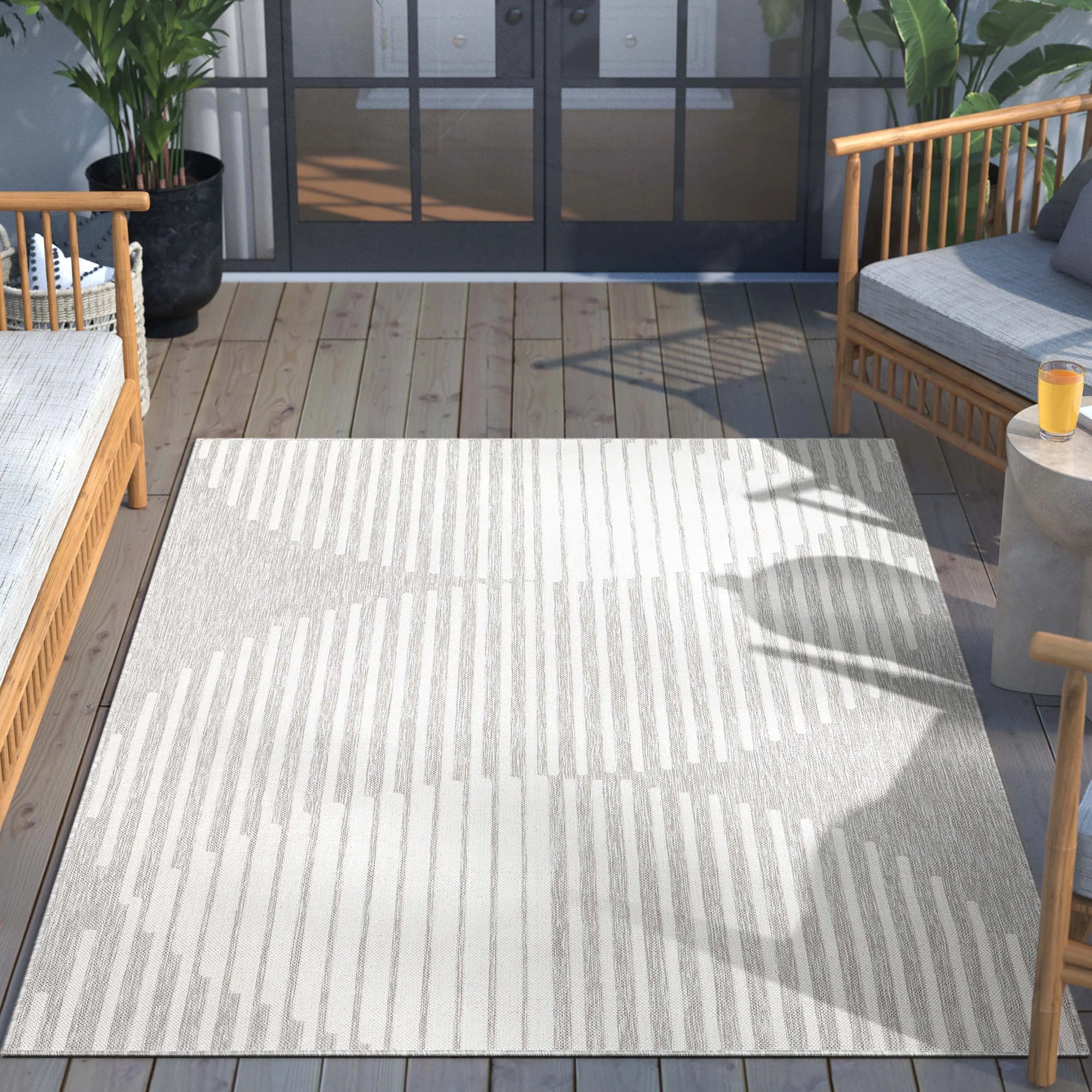 Alder Modern Stripes Indoor/Outdoor Ivory Grey Flat-Weave Rug Well Woven