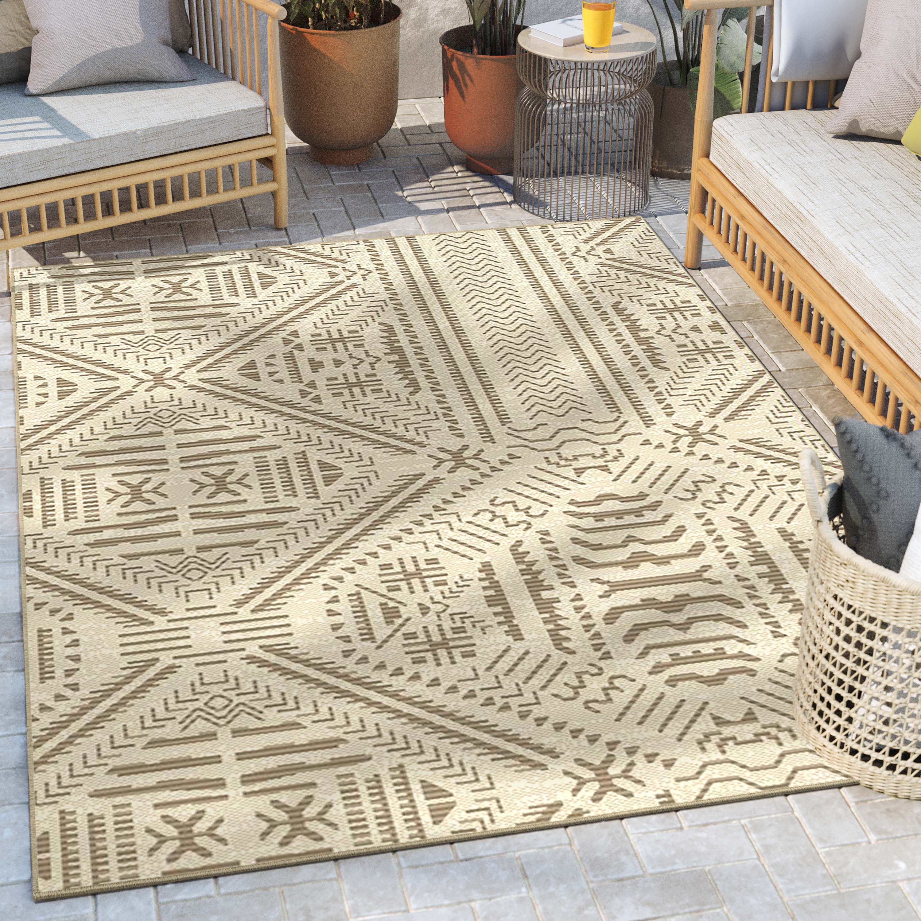 Khalo Tribal Indoor/Outdoor Beige Flat-Weave 5'3