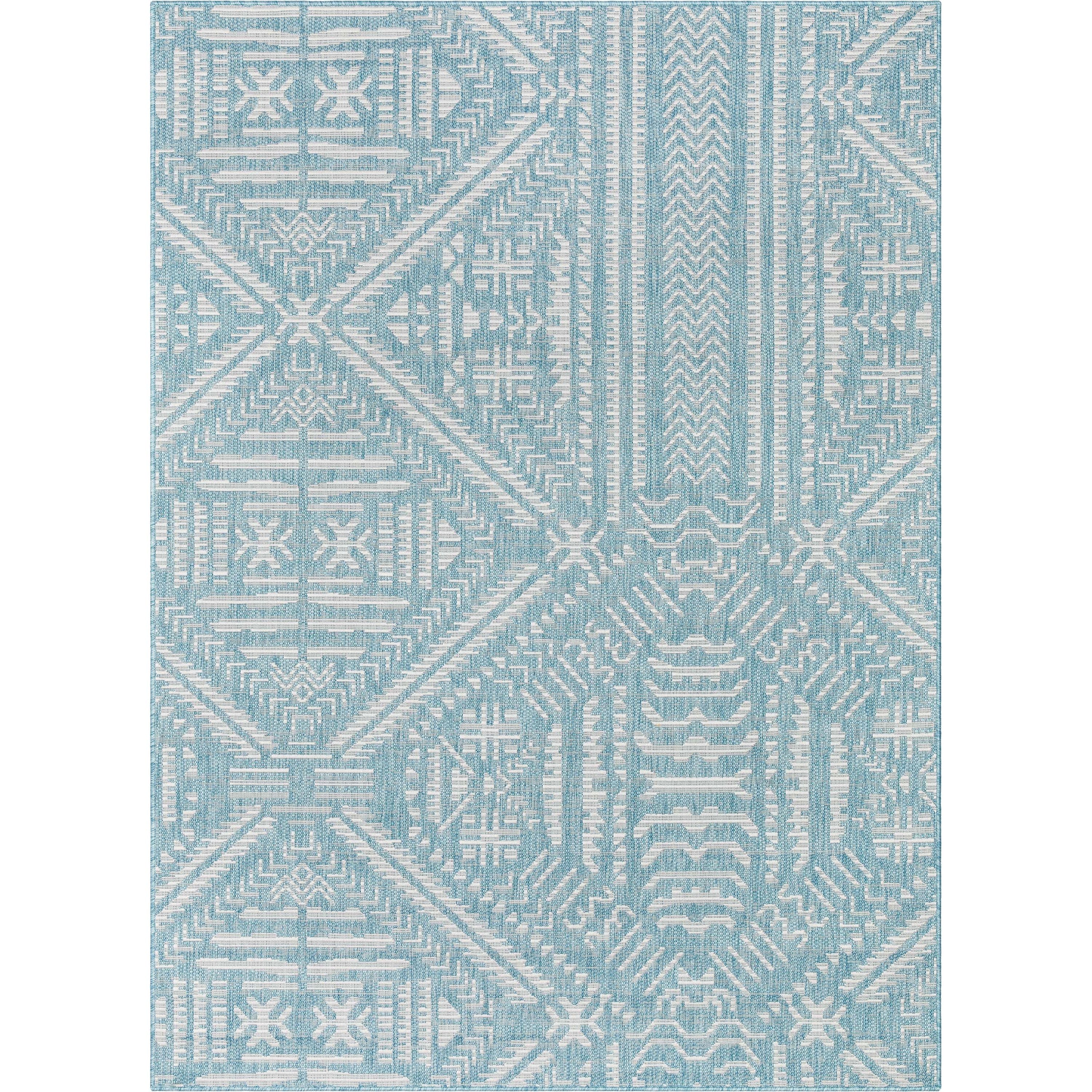 Khalo Tribal Indoor/Outdoor Teal Blue Flat-Weave Rug