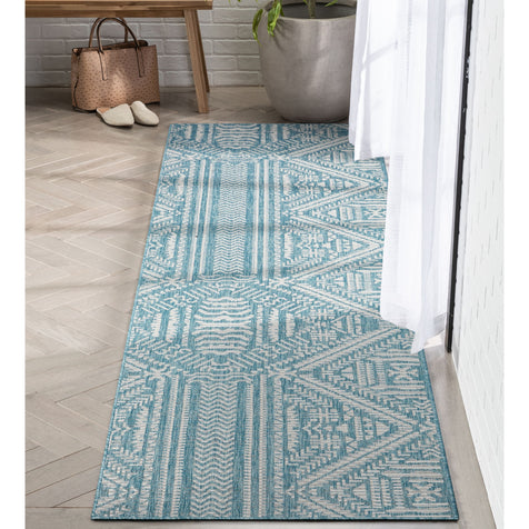 Khalo Tribal Indoor/Outdoor Teal Blue Flat-Weave Rug