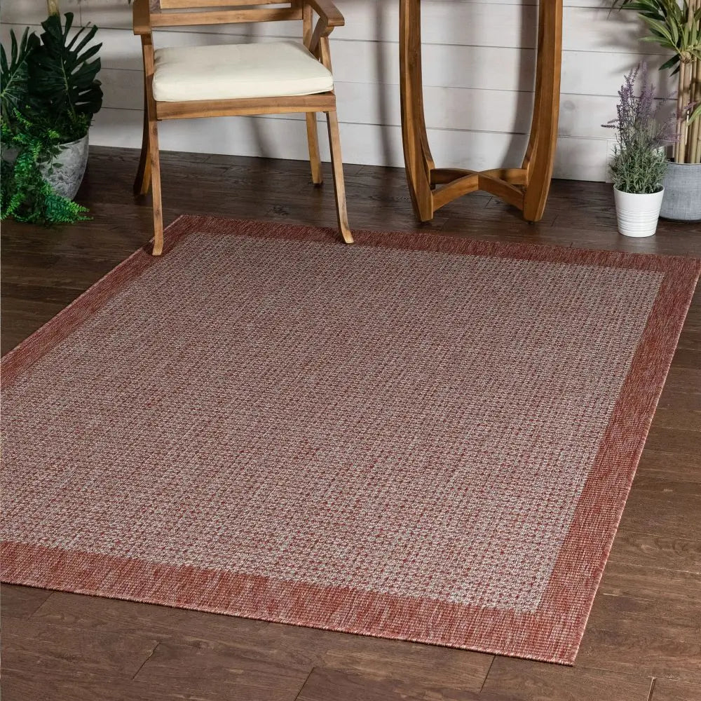 Odin Solid & Striped Border Indoor Outdoor Coral Flatweave Rug Well Woven