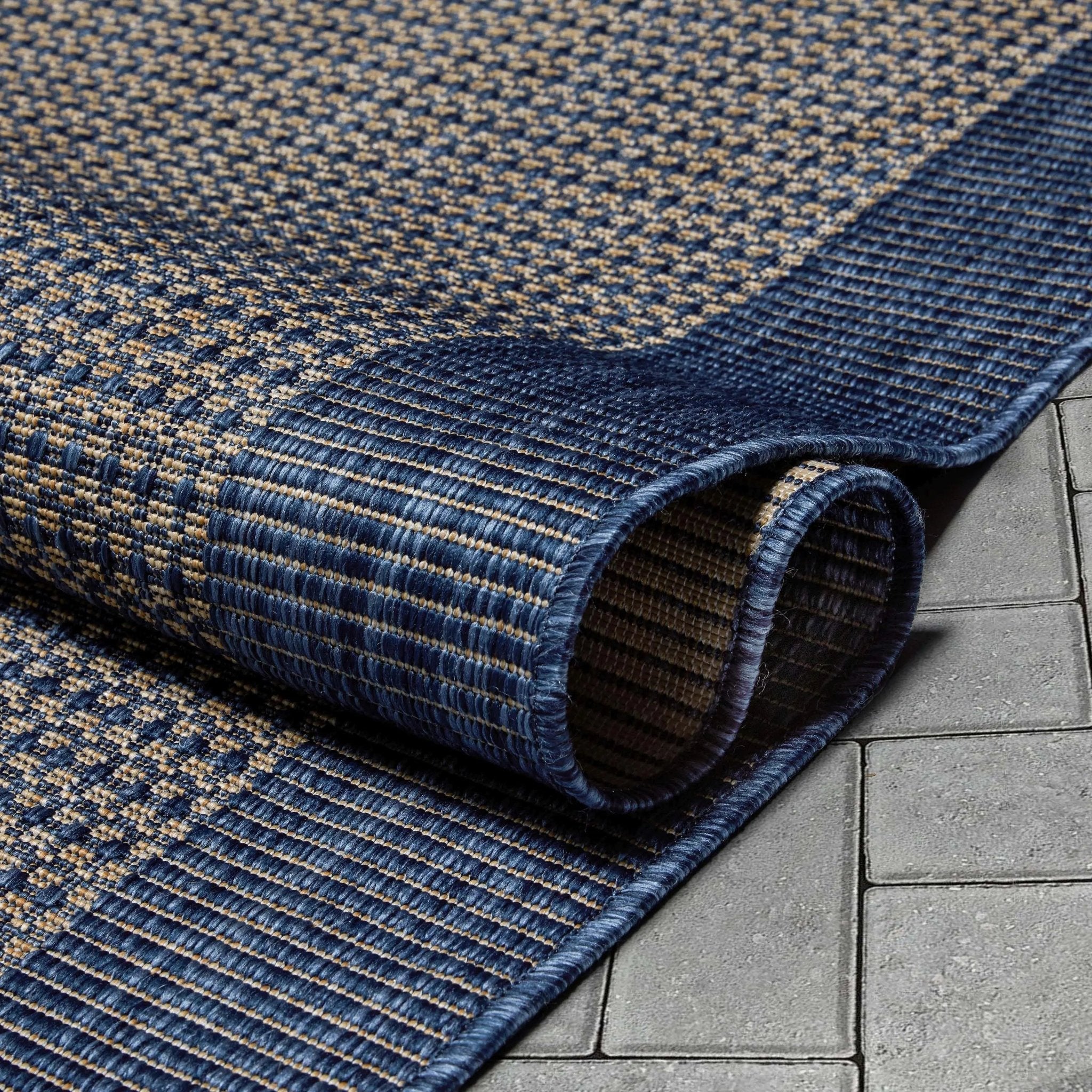 Odin Solid & Striped Border Indoor Outdoor Blue Flatweave Rug Well Woven
