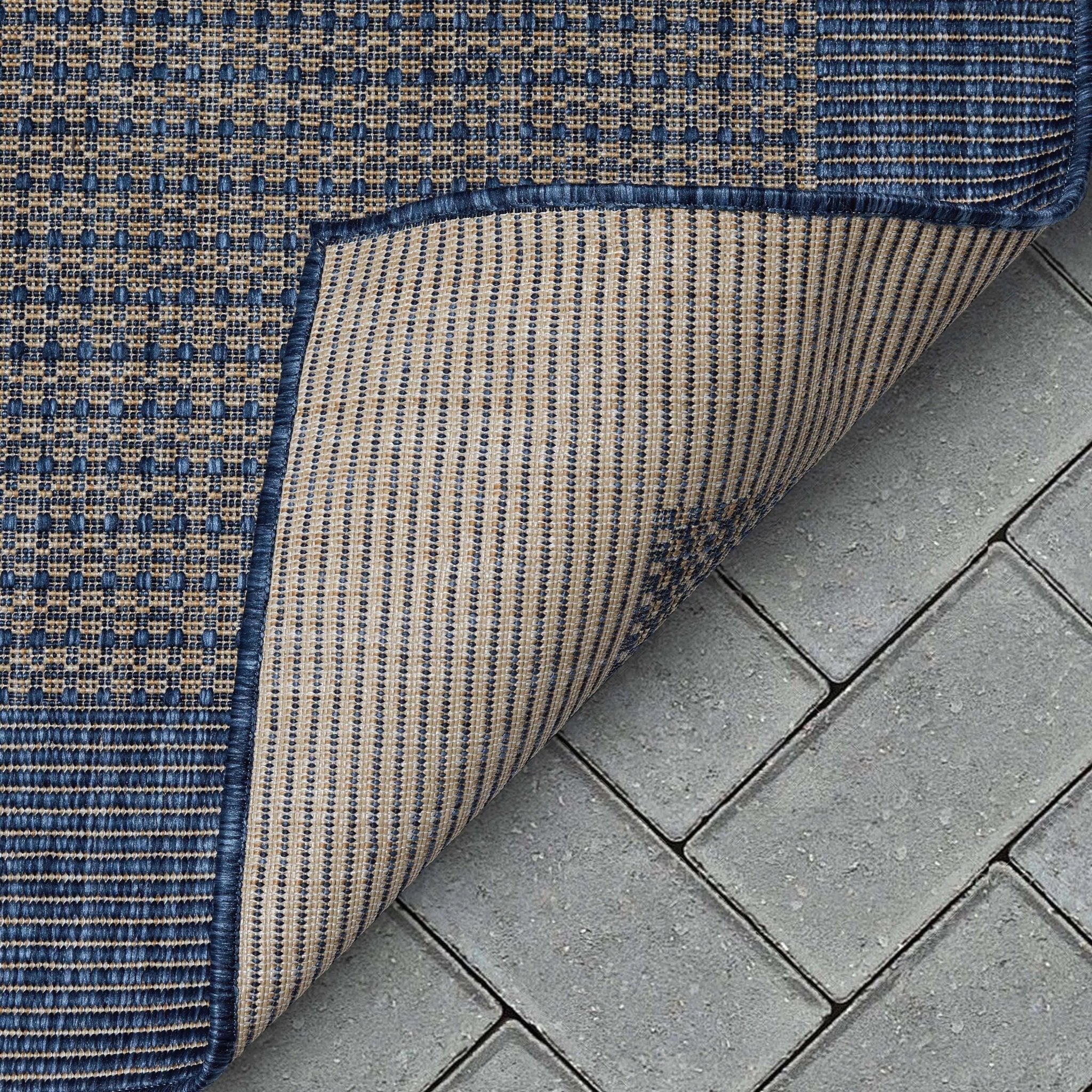 Odin Solid & Striped Border Indoor Outdoor Blue Flatweave Rug Well Woven
