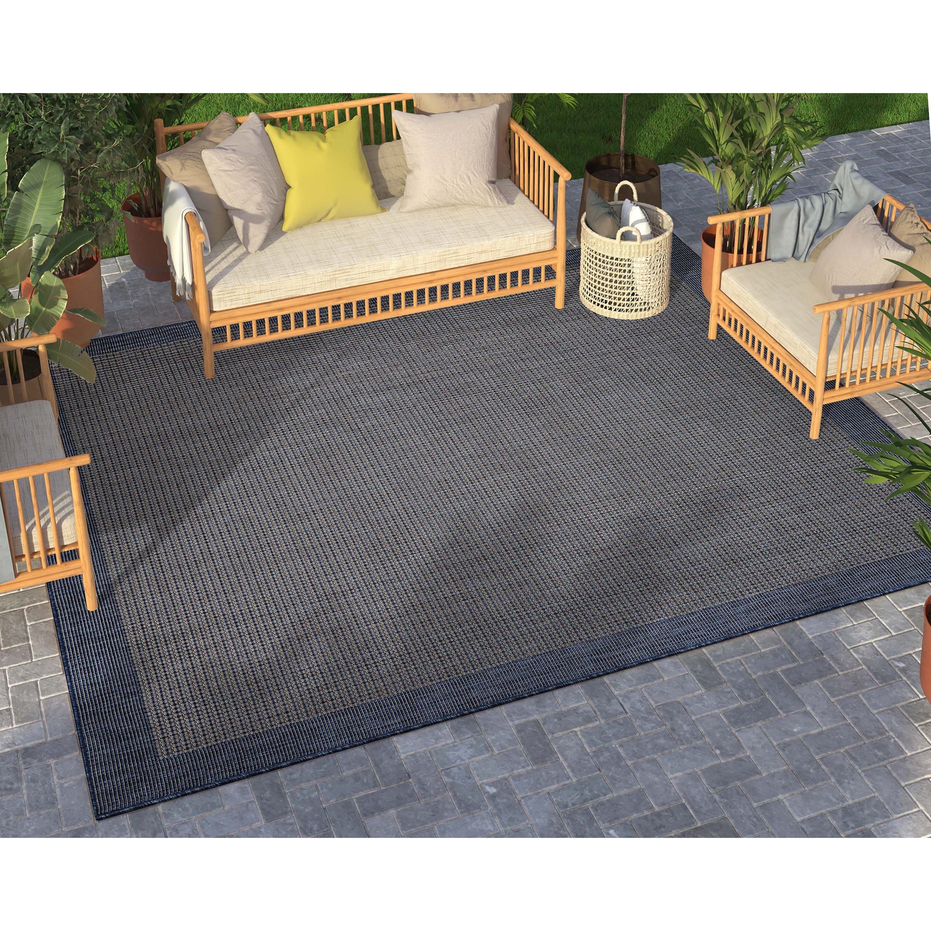 Odin Solid & Striped Border Indoor Outdoor Blue Flatweave Rug Well Woven