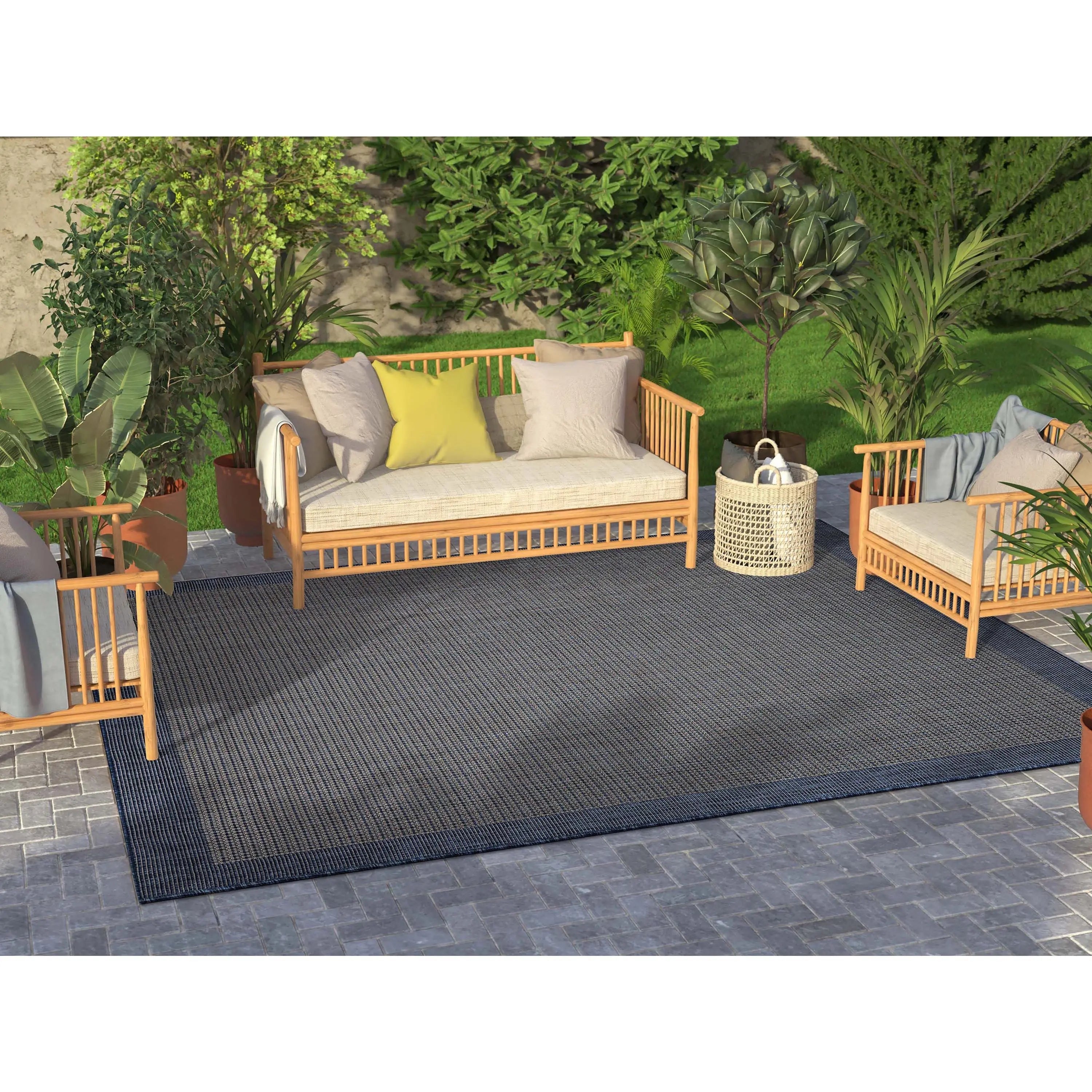 Odin Solid & Striped Border Indoor Outdoor Blue Flatweave Rug Well Woven