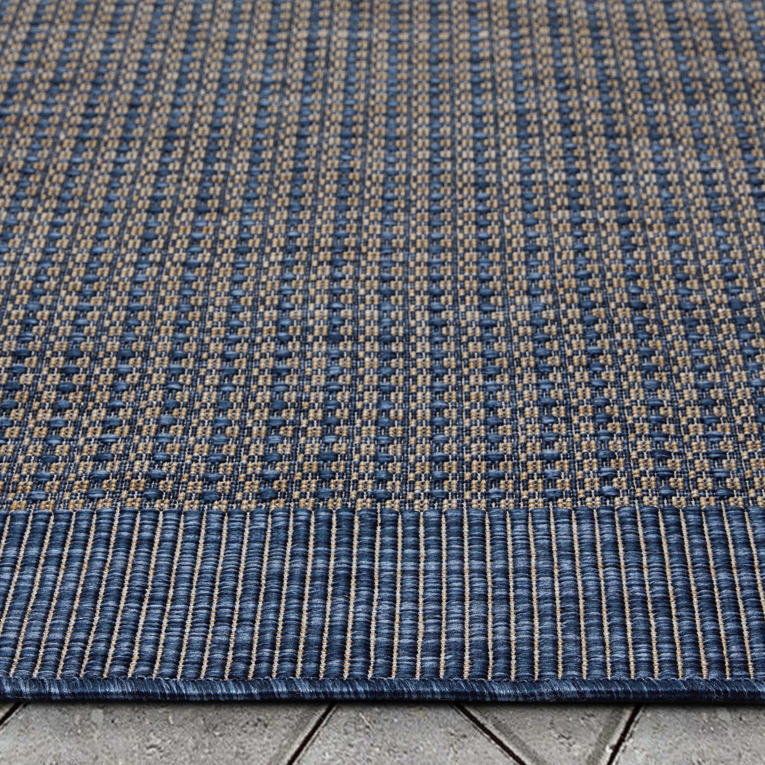 Odin Solid & Striped Border Indoor Outdoor Blue Flatweave Rug Well Woven