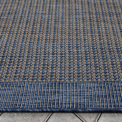 Odin Solid & Striped Border Indoor Outdoor Blue Flatweave Rug Well Woven