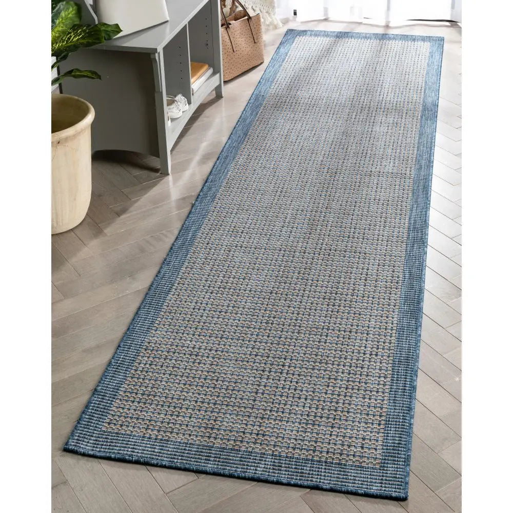 Odin Solid & Striped Border Indoor Outdoor Blue Flatweave Rug Well Woven
