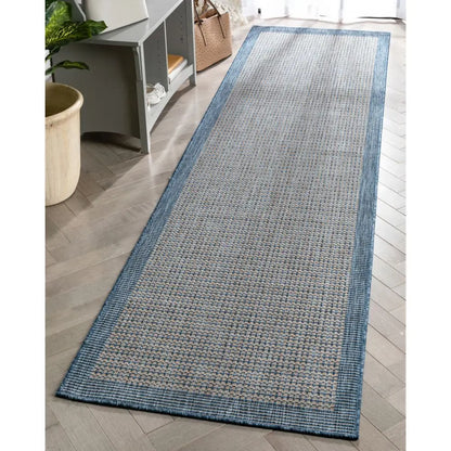 Odin Solid & Striped Border Indoor Outdoor Blue Flatweave Rug Well Woven