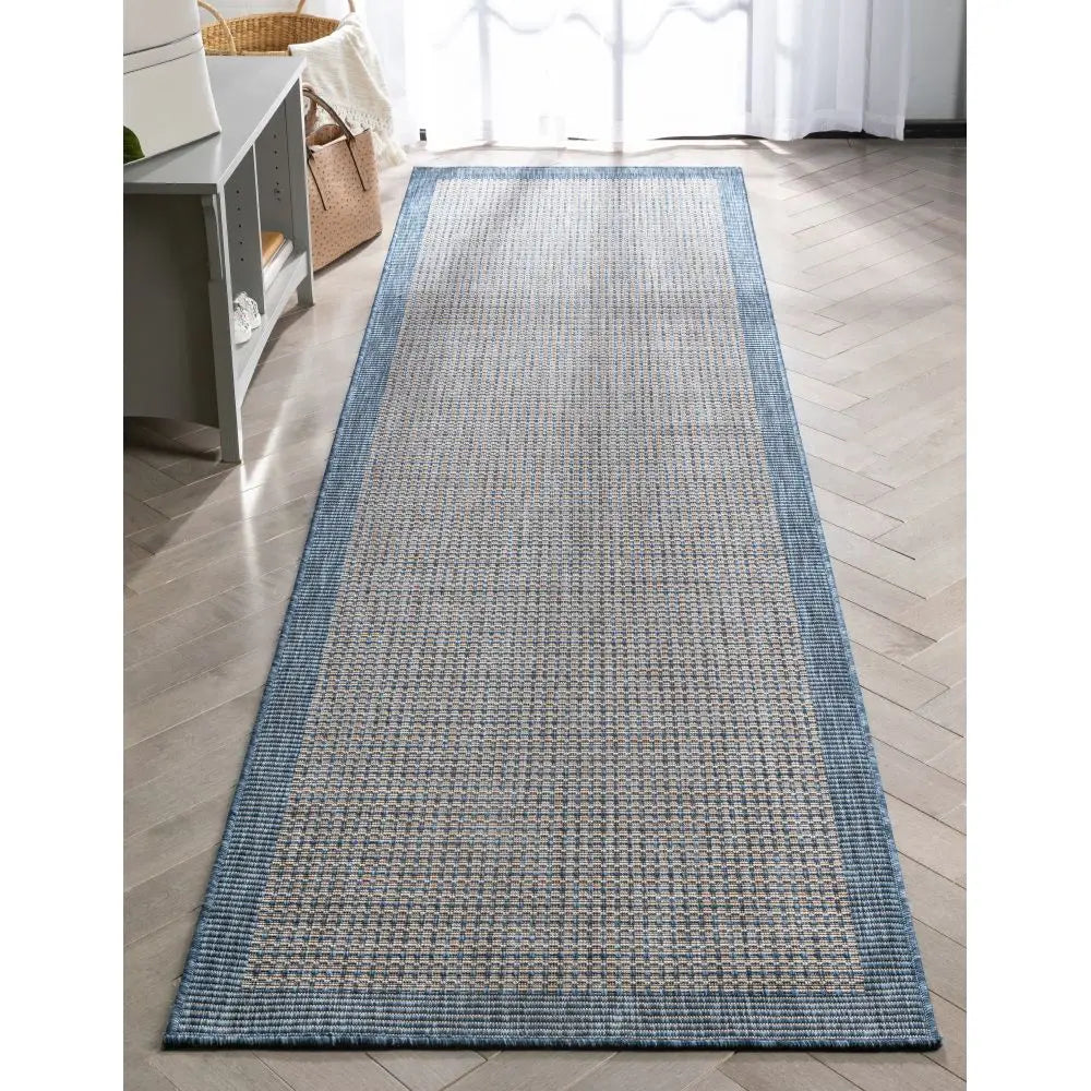 Odin Solid & Striped Border Indoor Outdoor Blue Flatweave Rug Well Woven