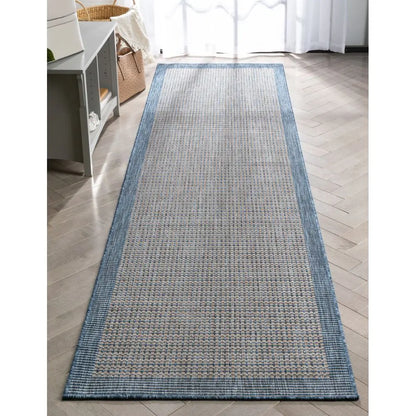 Odin Solid & Striped Border Indoor Outdoor Blue Flatweave Rug Well Woven