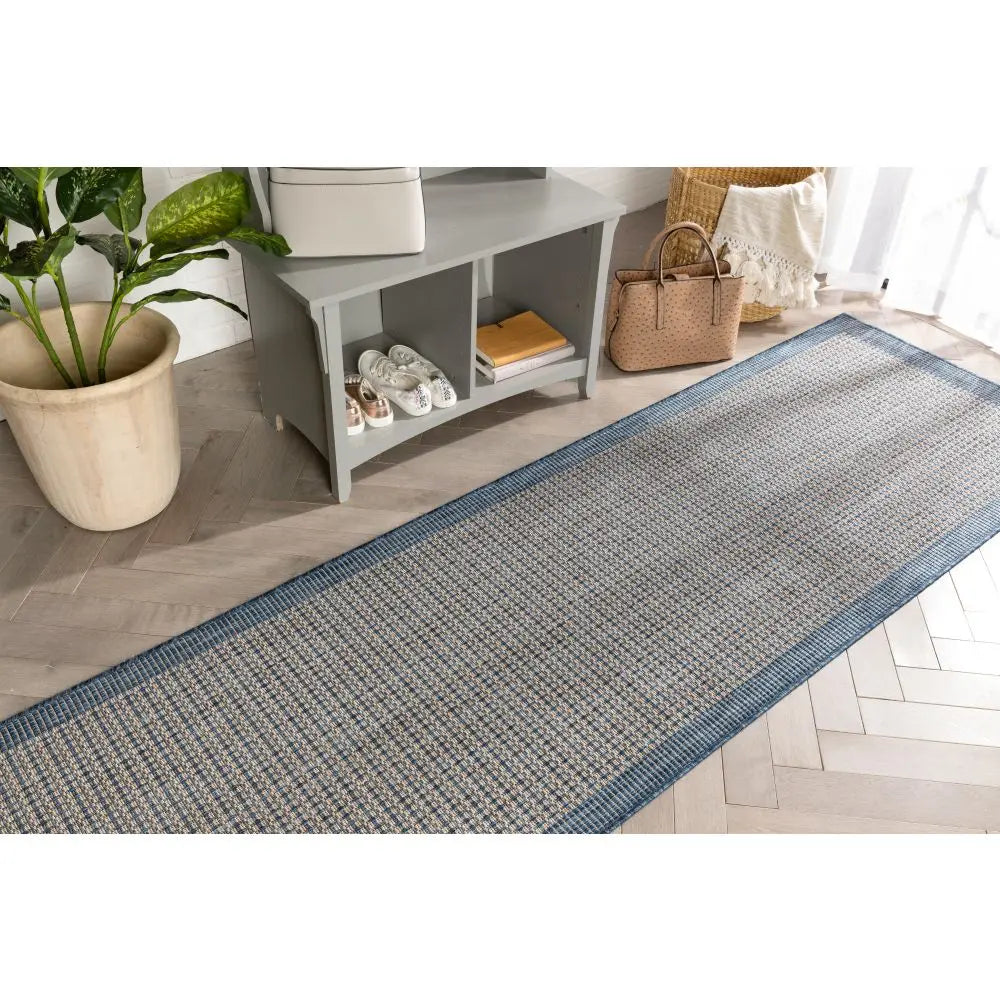 Odin Solid & Striped Border Indoor Outdoor Blue Flatweave Rug Well Woven