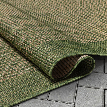 Odin Solid & Striped Border Indoor Outdoor Green Flatweave Rug