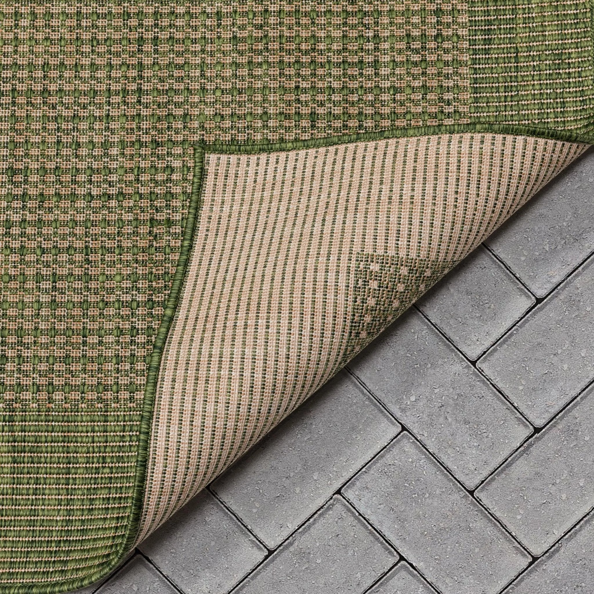 Odin Solid & Striped Border Indoor Outdoor Green Flatweave Rug Well Woven