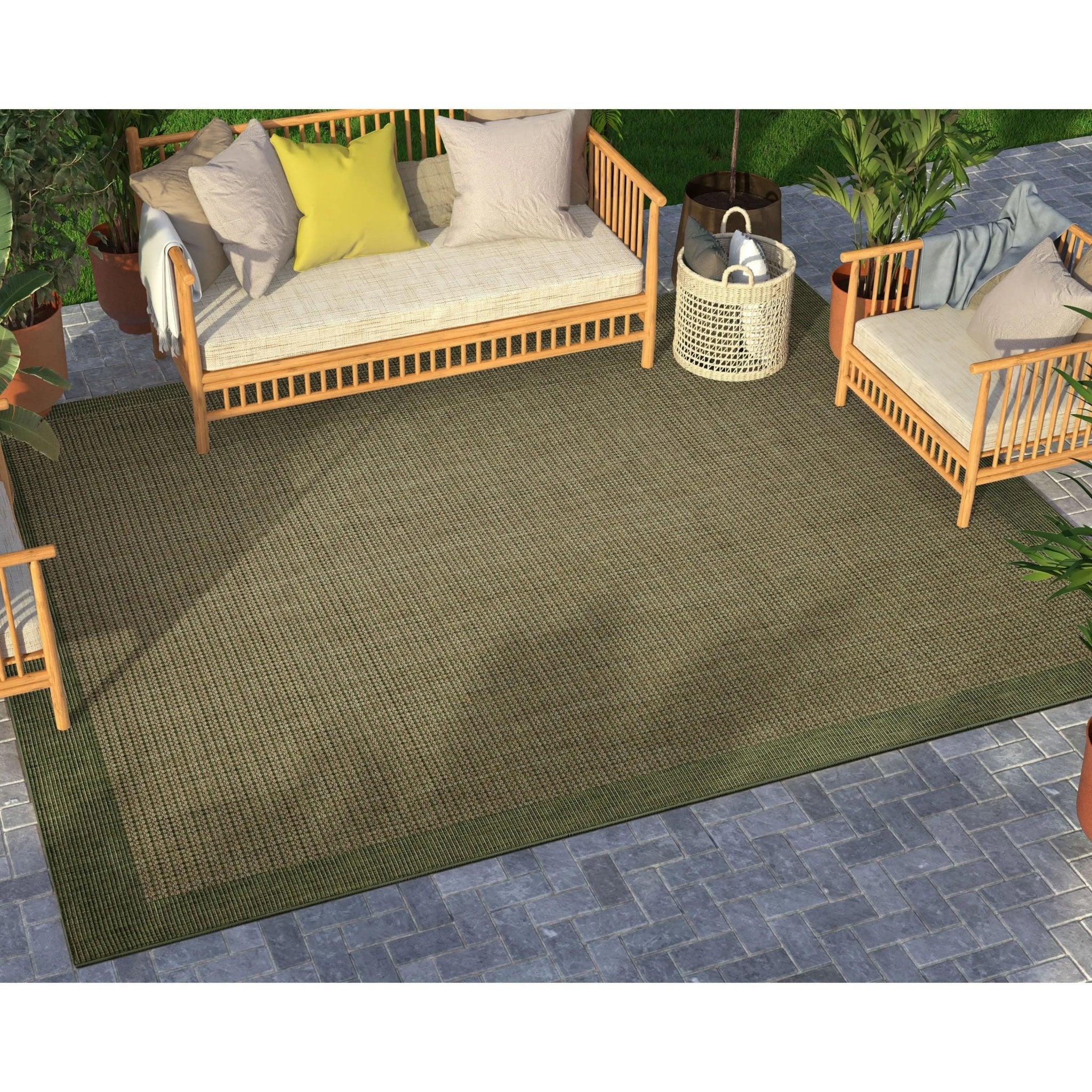 Odin Solid & Striped Border Indoor Outdoor Green Flatweave Rug Well Woven
