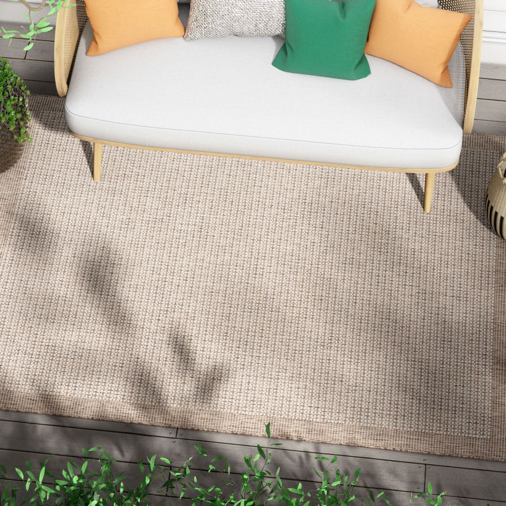 Odin Solid & Striped Border Indoor Outdoor Taupe Flatweave Rug