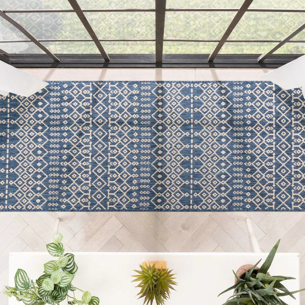 Nord Moroccan Tribal Indoor Outdoor Blue Flatweave Rug Well Woven