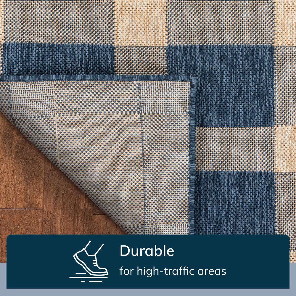 Freya Plaid Indoor Outdoor Blue Flatweave Rug