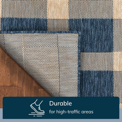 Freya Plaid Indoor Outdoor Blue Flatweave Rug