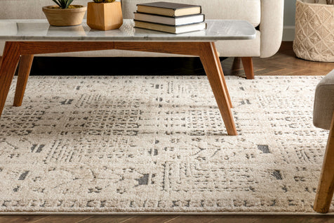 Marina Tribal Geometric Pattern Beige Distressed High-Low Rug
