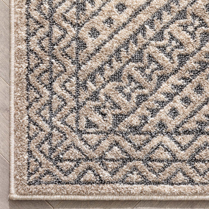 Lyre Tribal Mosaic Tile-Work Beige & Grey Distressed High-Low Rug