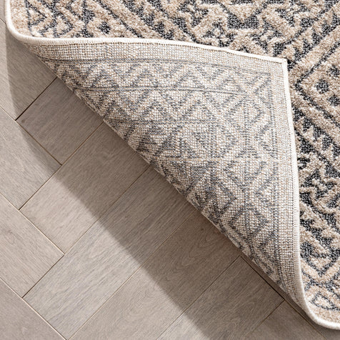 Lyre Tribal Mosaic Tile-Work Beige & Grey Distressed High-Low Rug