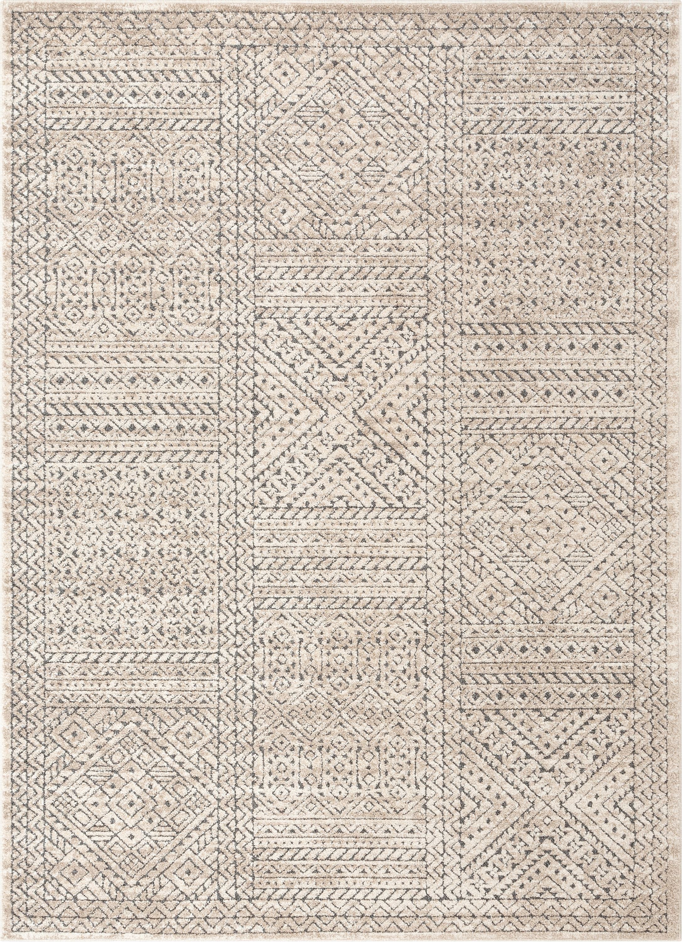 Lyre Tribal Mosaic Tile-Work Beige & Grey Distressed High-Low Rug