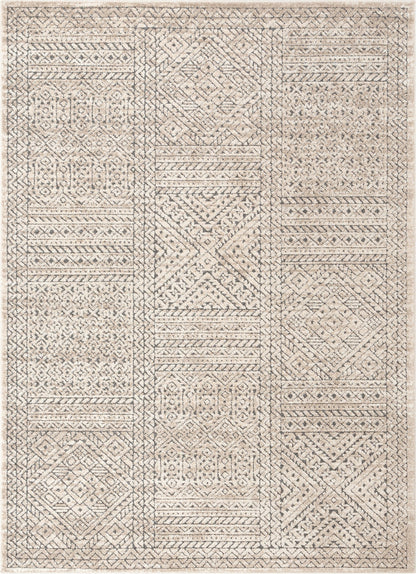 Lyre Tribal Mosaic Tile-Work Beige & Grey Distressed High-Low Rug