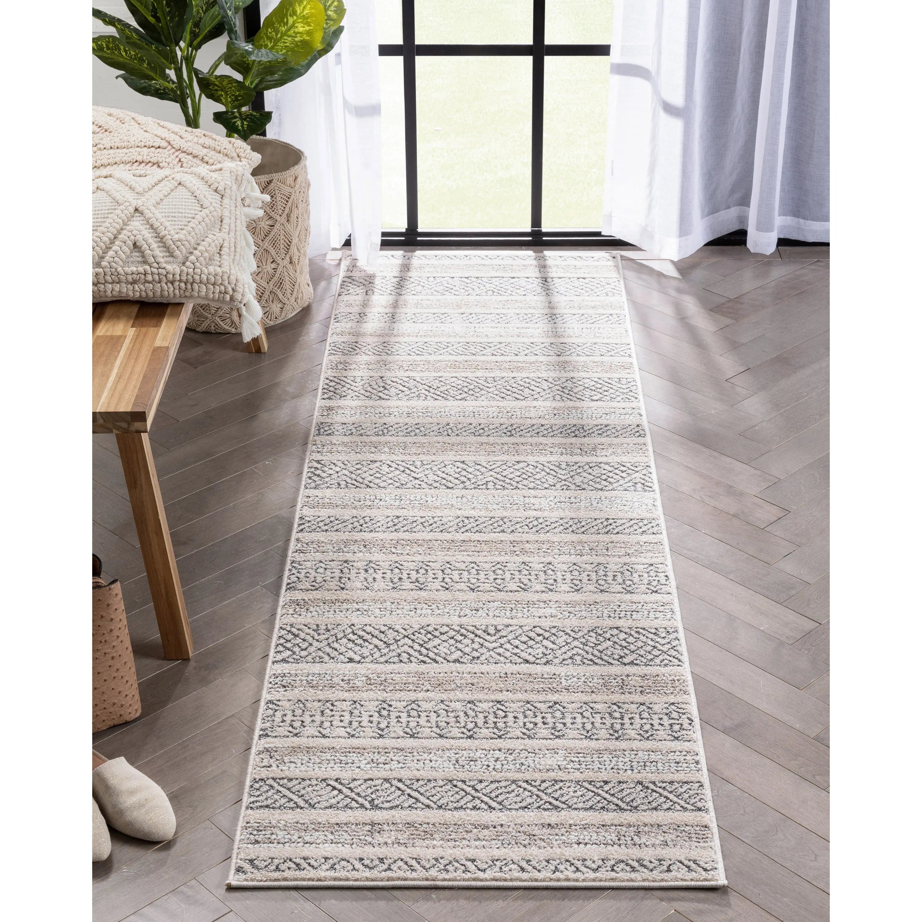 Fresco Tribal Geometric Beige Distressed High-Low Rug Well Woven
