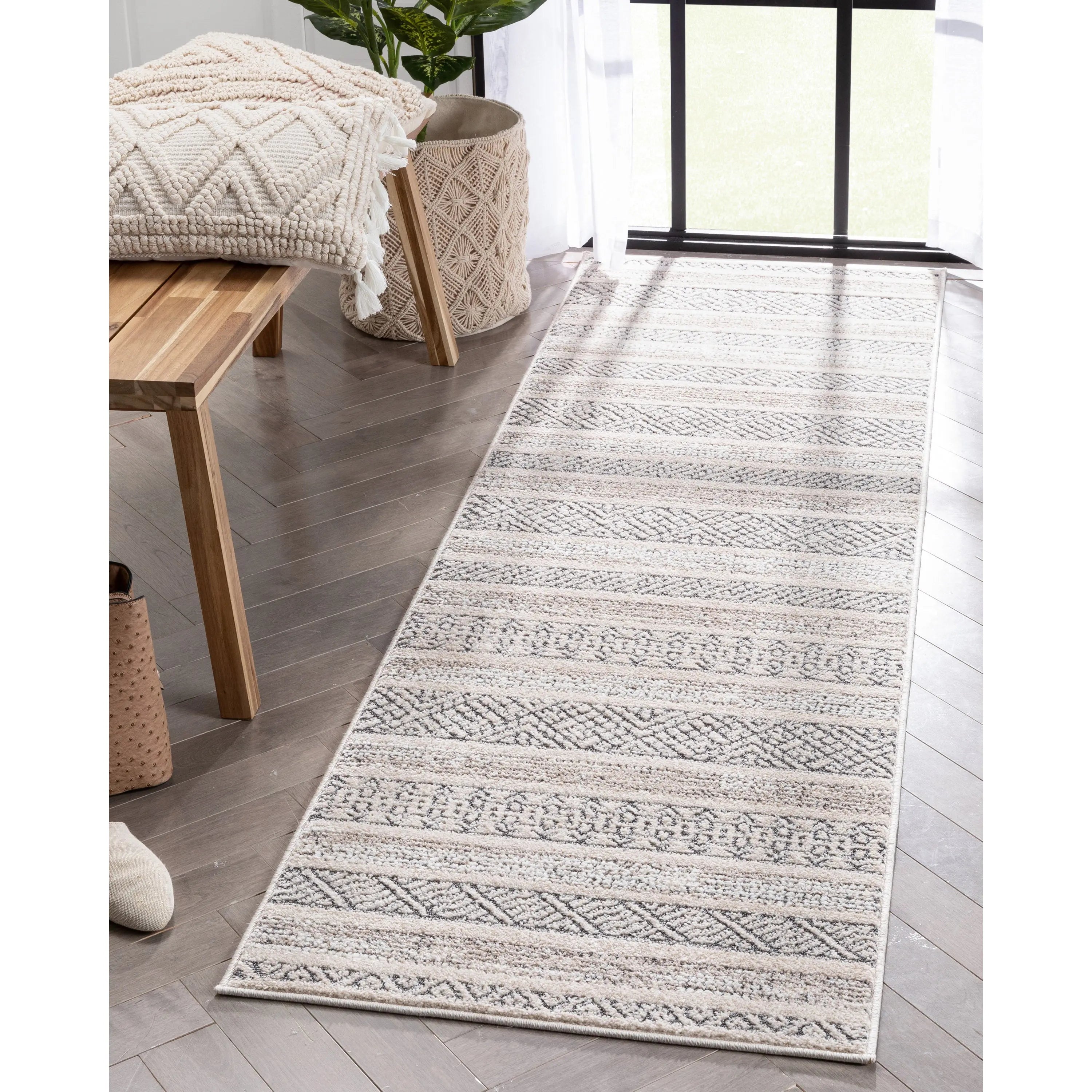 Fresco Tribal Geometric Beige Distressed High-Low Rug Well Woven