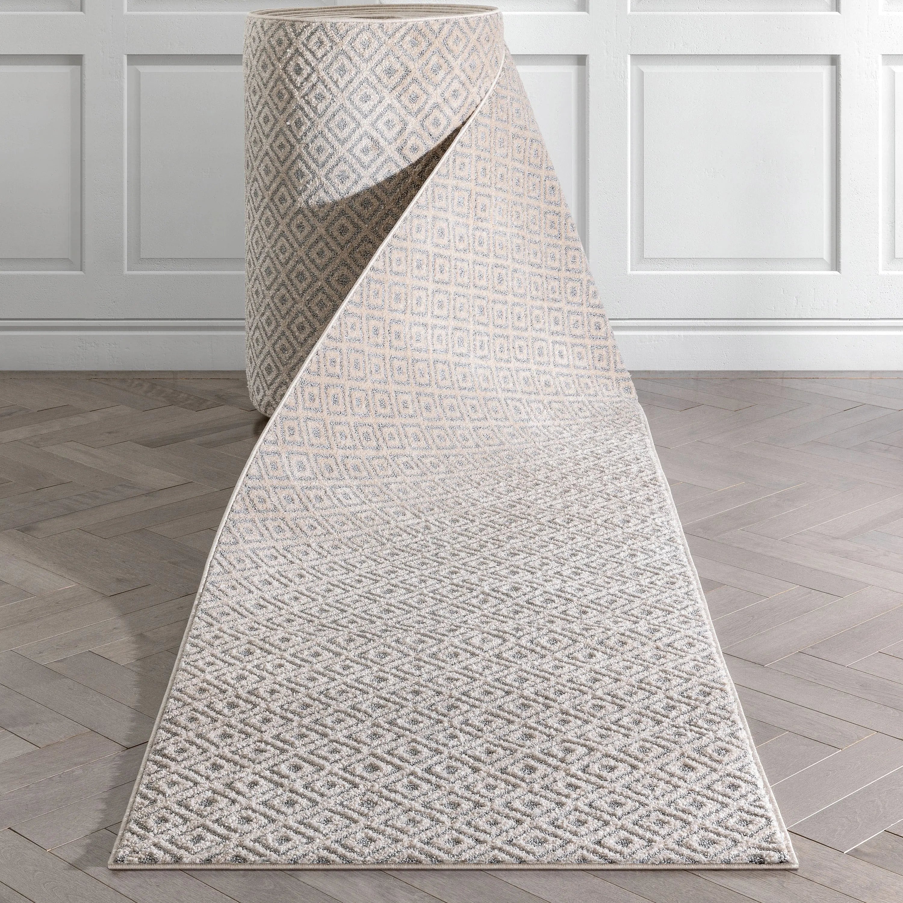Custom Size Runner Pia Tribal Geometric Diamond Pattern Light Grey/Beige Choose Your Width x Choose Your Length Hallway Runner Rug Well Woven