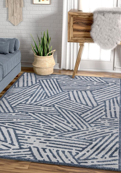 Tukker Blue Tribal Modern Geometric Lines Rug