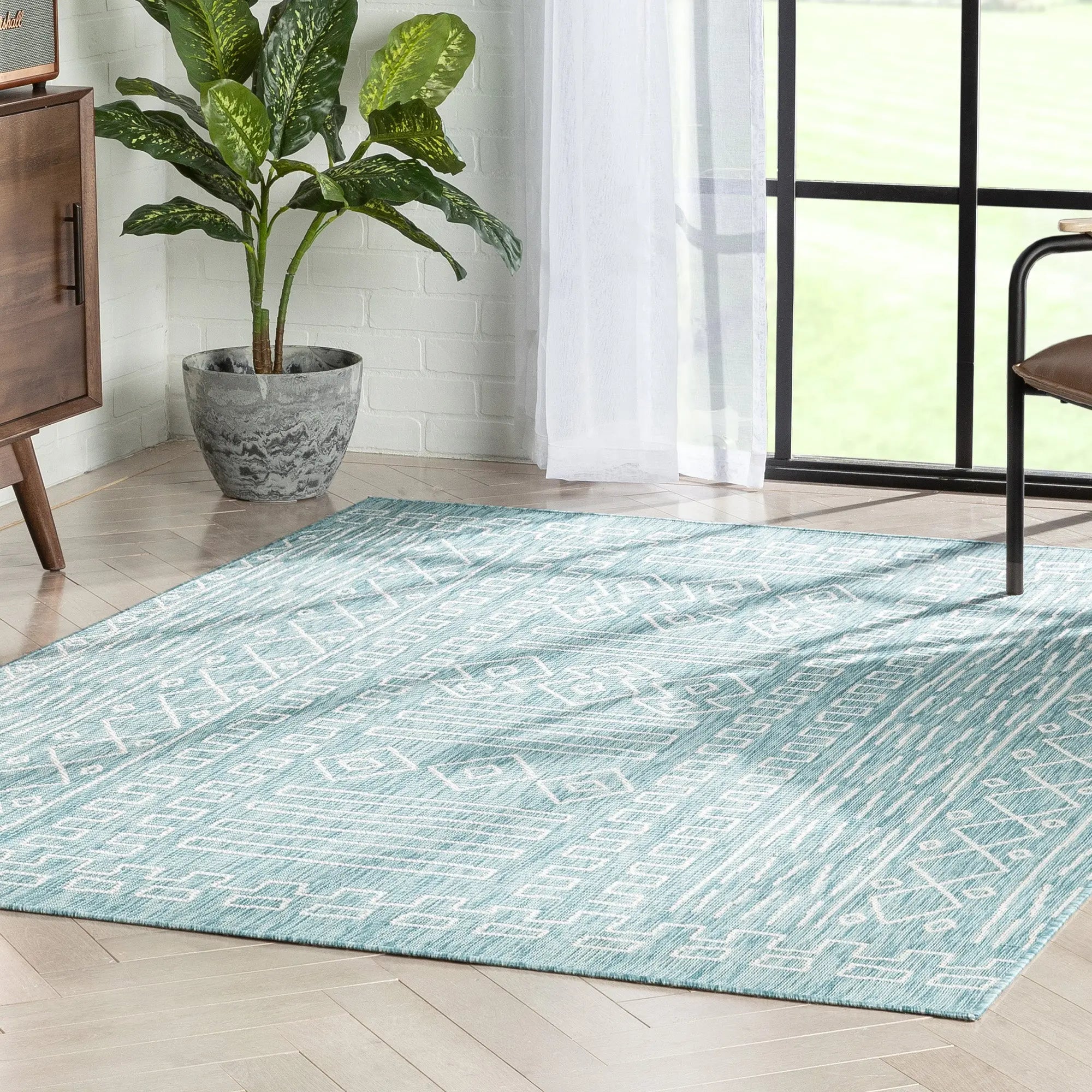 Anza Tribal Geometric Pattern 5'3" x 7'3" Blue Flat-Weave Indoor/Outdoor Rug Well Woven