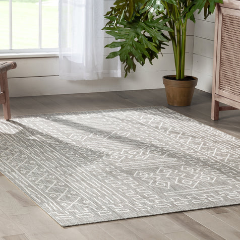 Anza Tribal Geometric Pattern Grey Flat-Weave Indoor/Outdoor Rug