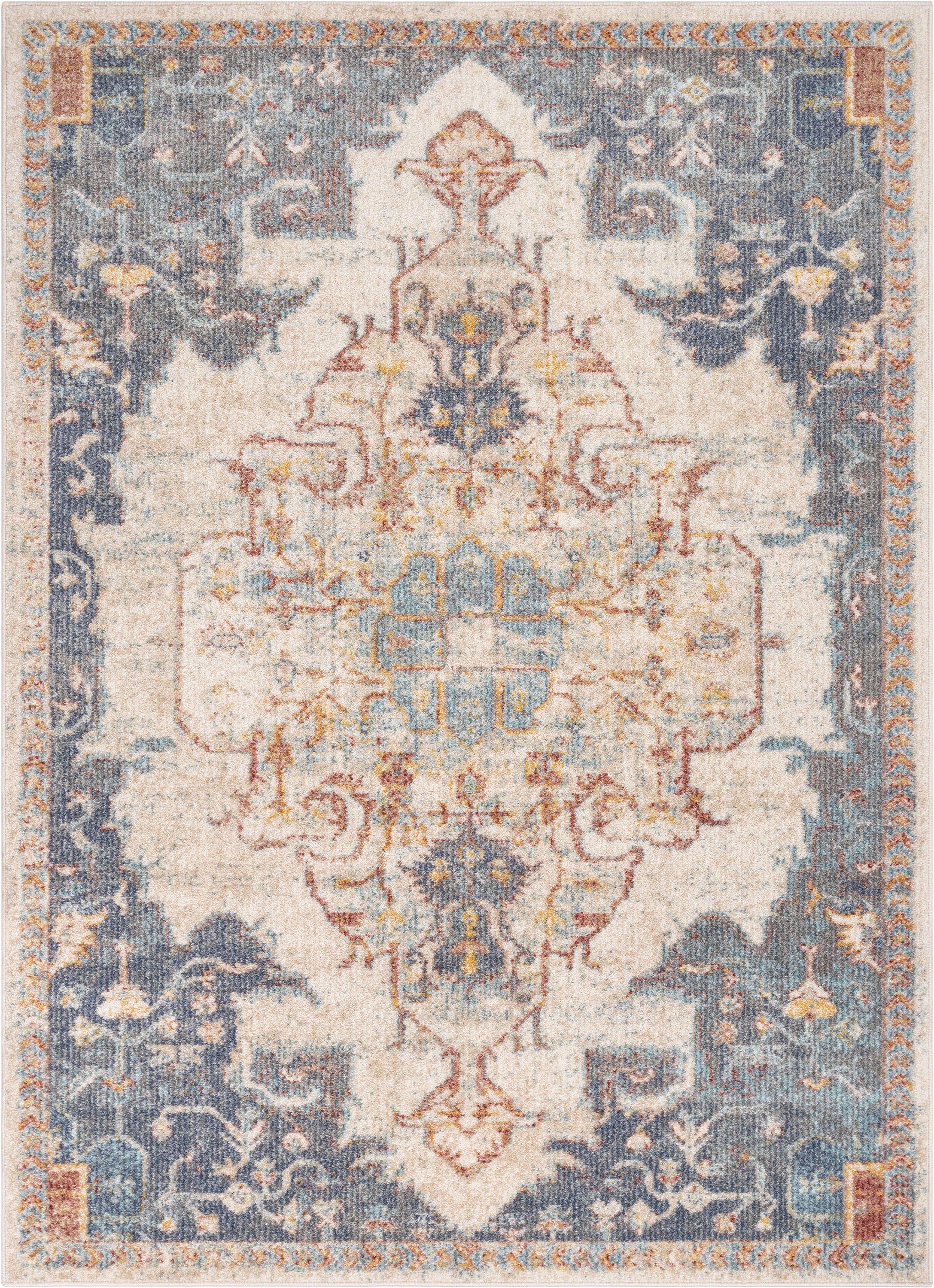 Lyon Vintage Bohemian Medallion Oriental Botanical Ivory Blue Rug